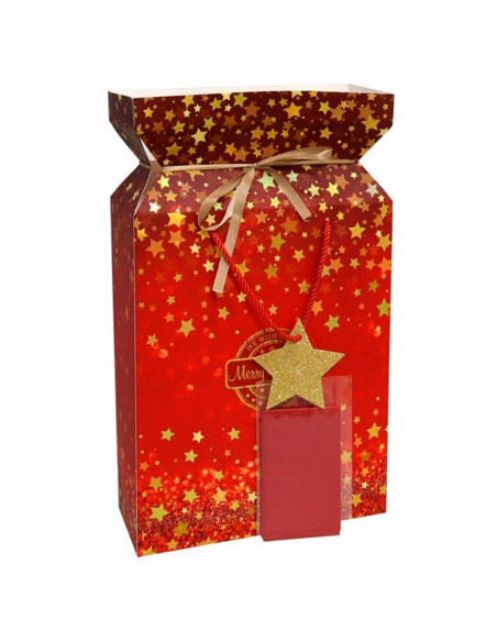 Tradineur - Caja de cartón para lote de Navidad, caja plegable con asas, incluye papel interior, guardar regalos, botellas vino,