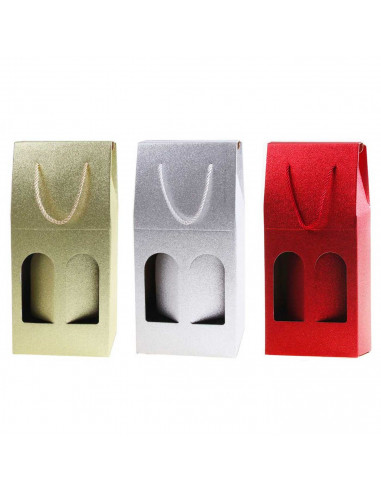 Tradineur - Caja de cartón con purpurina y ventanas, apta para 2 botellas de vino, incluye asas, guardar, regalar, envolver cham