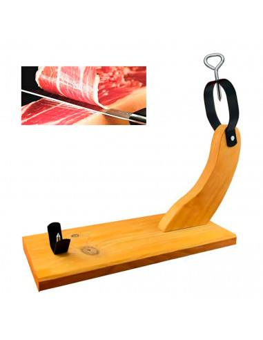 Tradineur - Jamonero de madera curvado con cuchillo, soporte para pata o paleta de jamón serrano e ibérico, agarres metálicos, f