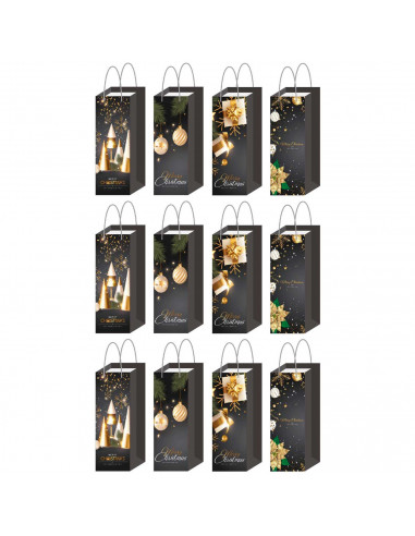 Tradineur - Pack de 12 bolsas de papel decoradas para botella de vino, Ref. 17201, asas de cuerda, guardar, regalar, envolver ch