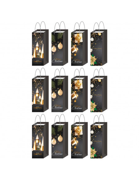 Tradineur - Pack de 12 bolsas de papel decoradas para botella de vino, Ref. 17201, asas de cuerda, guardar, regalar, envolver ch