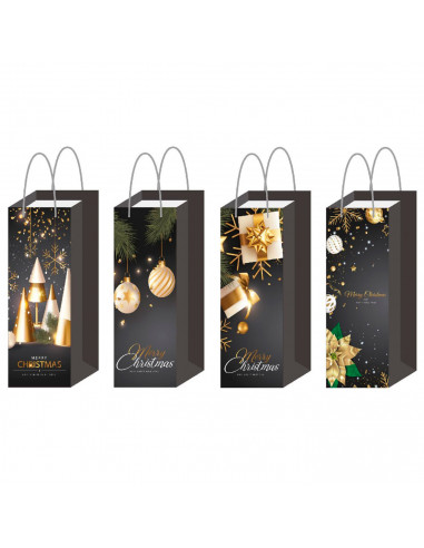 Tradineur - Pack de 12 bolsas de papel decoradas para botella de vino, Ref. 17201, asas de cuerda, guardar, regalar, envolver ch