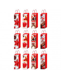 Tradineur - Pack de 12 bolsas de papel decoradas para botella de vino, Ref. 17355, asas de cuerda, guardar, regalar, envolver ch