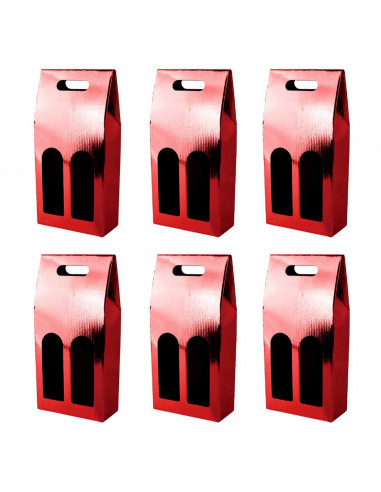 Tradineur - Pack de 6 cajas plegables de cartón con ventanas para 2 botellas de vino, incluyen asa, guardar, regalar, envolver c