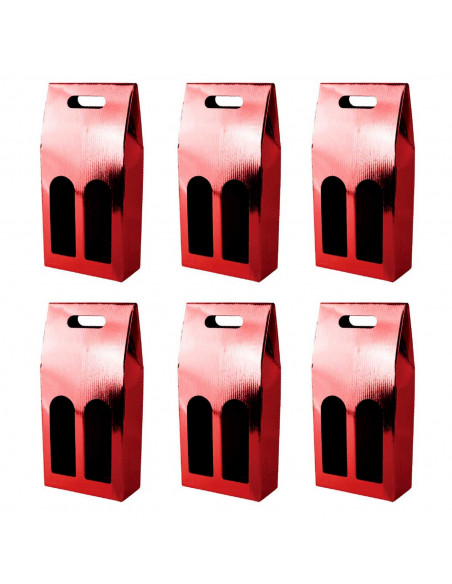 Tradineur - Pack de 6 cajas plegables de cartón con ventanas para 2 botellas de vino, incluyen asa, guardar, regalar, envolver c