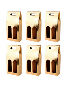 Tradineur - Pack de 6 cajas plegables de cartón con ventanas para 2 botellas de vino, incluyen asa, guardar, regalar, envolver c