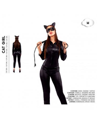 Tradineur - Disfraz de cat girl para adulto, poliéster, catwoman, incluye mono, diadema y antifaz, atuendo de carnaval, Hallowee