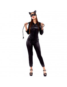 Tradineur - Disfraz de cat girl para adulto, poliéster, incluye mono, diadema y antifaz, atuendo catwoman de carnaval, Halloween