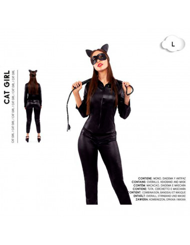 Tradineur - Disfraz de cat girl para adulto, poliéster, incluye mono, diadema y antifaz, atuendo catwoman de carnaval, Halloween