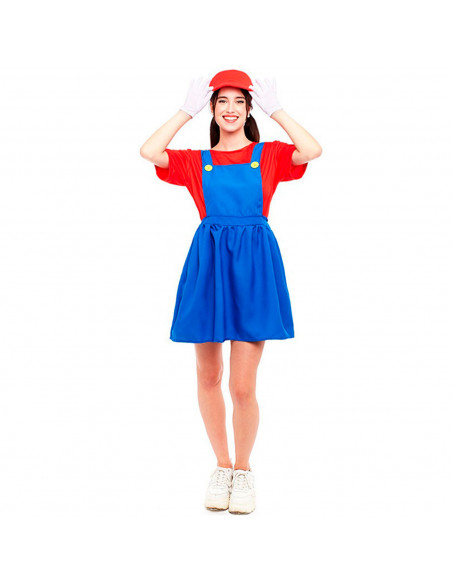 Tradineur - Disfraz de fontanera roja para adulto, poliéster, incluye gorro, camiseta y peto, atuendo de carnaval, Halloween, co Tradineur - Disfraz de fontanera roja para adulto, poliéster, incluye gorro, camiseta y peto, atuendo de carnaval, Halloween, co