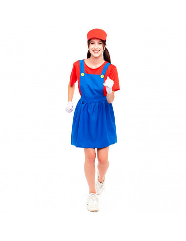 Tradineur - Disfraz de fontanera roja para adulto, poliéster, incluye gorro, camiseta y peto, atuendo de carnaval, Halloween, co