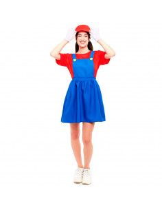 Tradineur - Disfraz de fontanera roja para adulto, 100% poliéster, incluye gorro, camiseta y peto, atuendo de carnaval, Hallowee