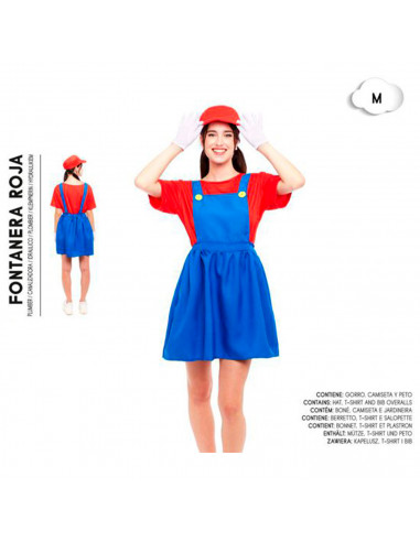 Tradineur - Disfraz de fontanera roja para adulto, 100% poliéster, incluye gorro, camiseta y peto, atuendo de carnaval, Hallowee