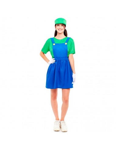 Tradineur - Disfraz de fontanera verde para adulto, poliéster, incluye gorro, camiseta y peto, atuendo de carnaval, Halloween, c