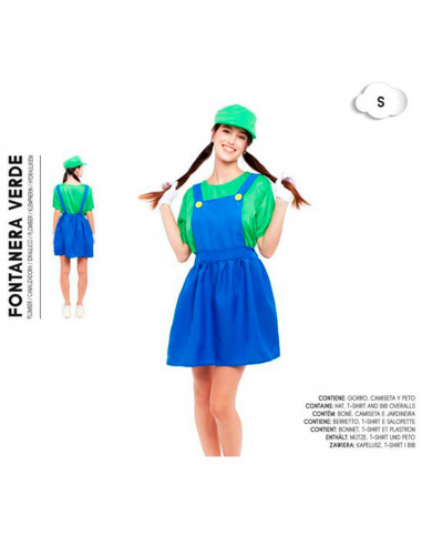 Tradineur - Disfraz de fontanera verde para adulto, poliéster, incluye gorro, camiseta y peto, atuendo de carnaval, Halloween, c