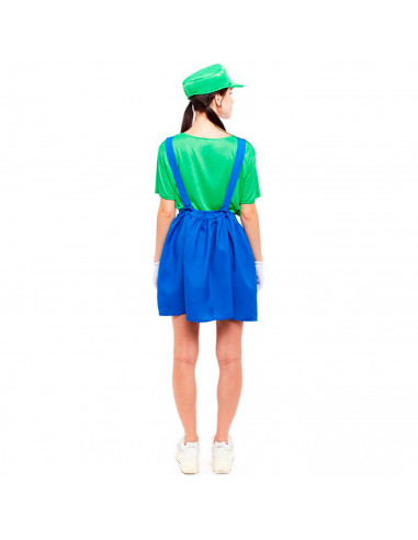 Tradineur - Disfraz de fontanera verde para adulto, 100% poliéster, incluye gorro, camiseta y peto, atuendo de carnaval, Hallowe