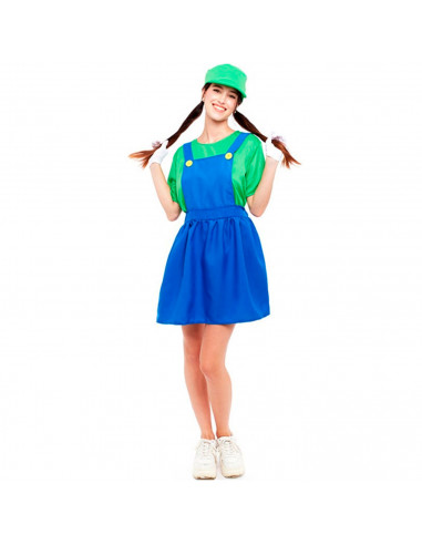 Tradineur - Disfraz de fontanera verde, adulto, 100% poliéster, incluye gorro, camiseta y peto, atuendo de carnaval, Halloween,