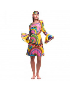 Tradineur - Disfraz de hippie chica para adulto, 100% poliéster, incluye vestido y diadema, atuendo de carnaval, Halloween, cosp