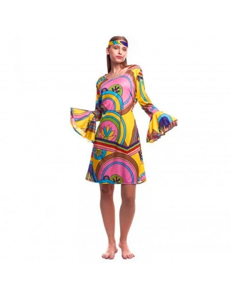 Tradineur - Disfraz de hippie chica para adulto, 100% poliéster, incluye vestido y diadema, atuendo de carnaval, Halloween, cosp Tradineur - Disfraz de hippie chica para adulto, 100% poliéster, incluye vestido y diadema, atuendo de carnaval, Halloween, cosp