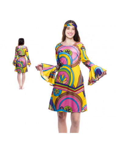 Tradineur - Disfraz de hippie chica para adulto, 100% poliéster, incluye vestido y diadema, atuendo de carnaval, Halloween, cosp