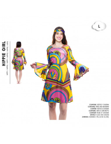 Tradineur - Disfraz de hippie chica para adulto, poliéster 100%, incluye vestido y diadema, atuendo de carnaval, Halloween, cosp