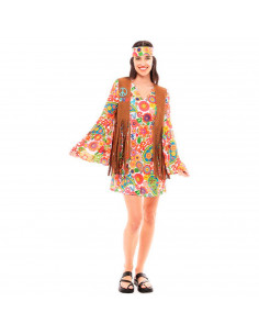 Tradineur - Disfraz de hippie woman para adulto, poliéster, incluye vestido, chaleco y cinta de pelo, atuendo de carnaval, Hallo