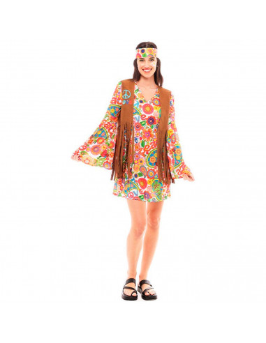 Tradineur - Disfraz de hippie woman para adulto, 100% poliéster, incluye vestido, chaleco y cinta de pelo, atuendo de carnaval,