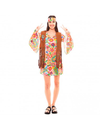 Tradineur - Disfraz de hippie woman para adulto, 100% poliéster, incluye vestido, chaleco y cinta de pelo, atuendo de carnaval,