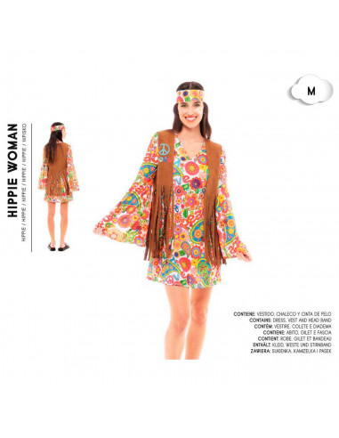 Tradineur - Disfraz de hippie woman para adulto, 100% poliéster, incluye vestido, chaleco y cinta de pelo, atuendo de carnaval,