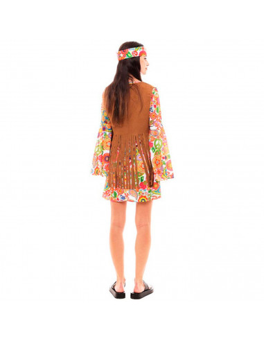 Tradineur - Disfraz de hippie woman para adulto, poliéster 100%, incluye vestido, chaleco y cinta de pelo, atuendo de carnaval,