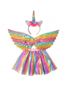 Tradineur - Disfraz infantil de Unicornio, 3 piezas, poliéster, incluye falda, alas y diadema, carnaval, Halloween, cosplay (Niñ
