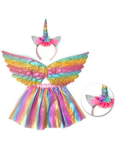 Tradineur - Disfraz infantil de Unicornio, 3 piezas, poliéster, incluye falda, alas y diadema, carnaval, Halloween, cosplay (Niñ