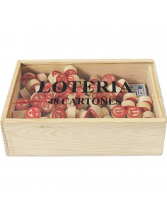 Tradineur - Juego de lotería, bingo con caja y fichas de madera, incluye 48 cartones y 90 fichas de números, juego de mesa tradi