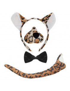 Tradineur - Set de leopardo, 4 piezas, poliéster, incluye diadema, nariz, pajarita y cola, accesorios para disfraces, carnaval,
