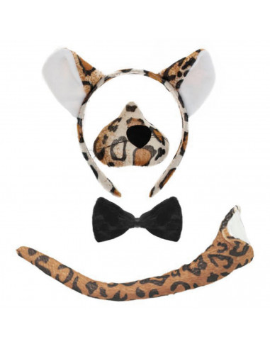 Tradineur - Set de leopardo, 4 piezas, poliéster, incluye diadema, nariz, pajarita y cola, accesorios para disfraces, carnaval,