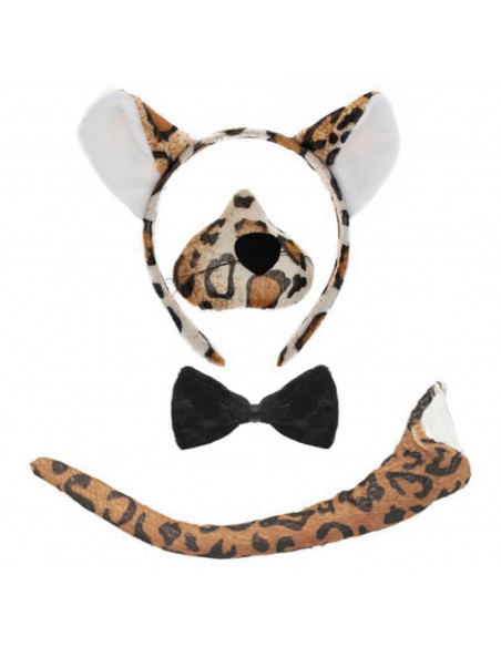 Tradineur - Set de leopardo, 4 piezas, poliéster, incluye diadema, nariz, pajarita y cola, accesorios para disfraces, carnaval, Tradineur - Set de leopardo, 4 piezas, poliéster, incluye diadema, nariz, pajarita y cola, accesorios para disfraces, carnaval,