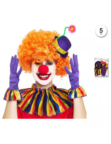 Tradineur - Set de payaso, 5 piezas, poliéster, incluye mini sombrero, nariz, collarín y guantes, accesorios para disfraces, cir