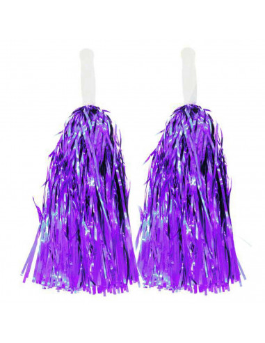 Tradineur - Pompones de animadora con mangos de plástico, accesorios para disfraces, carnaval, Halloween, cosplay (Morado brillo