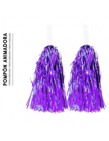 Tradineur - Pompones de animadora con mangos de plástico, accesorios para disfraces, carnaval, Halloween, cosplay (Morado brillo