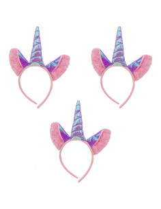 Tradineur - Pack de 3 diademas de unicornio lila, poliéster, complementos para disfraces, carnaval, Halloween, cosplay, fiestas