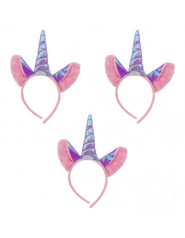 Tradineur - Pack de 3 diademas de unicornio lila, poliéster, complementos para disfraces, carnaval, Halloween, cosplay, fiestas