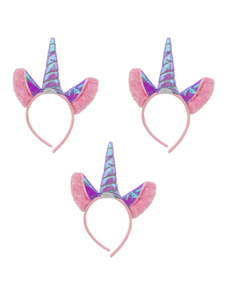 Tradineur - Pack de 3 diademas de unicornio lila, poliéster, complementos para disfraces, carnaval, Halloween, cosplay, fiestas