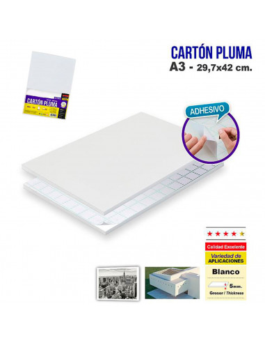 Tradineur - Lámina de cartón pluma adhesiva A3, 5 mm de grosor, manualidades, soporte para presentaciones, maquetas, base de cua