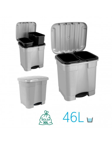Tradineur - Cubo de basura con pedal y 2 compartimentos, plástico, contenedor basura, papelera con 2 cubos interiores, fabricado