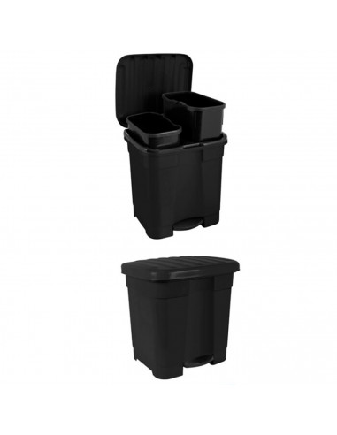 Tradineur - Cubo de basura con pedal y 2 compartimentos, contenedor basura, plástico, papelera con 2 cubos interiores, fabricado