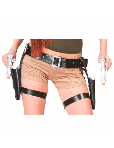 Tradineur - Cartuchera doble con pistolas para adulto, plástico y poliéster, accesorio para disfraces, carnaval, Halloween, cosp Tradineur - Cartuchera doble con pistolas para adulto, plástico y poliéster, accesorio para disfraces, carnaval, Halloween, cosp