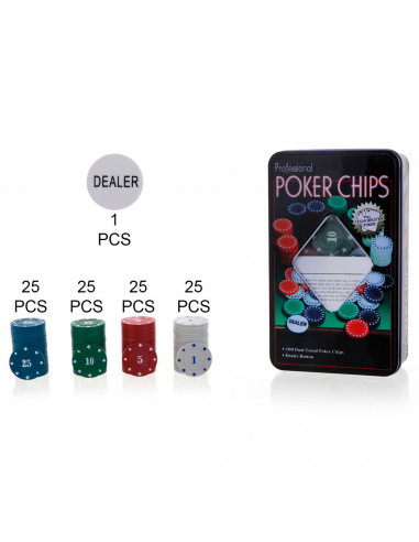 Tradineur - Set de 100 fichas de póker, caja metálica, incluye botón de dealer, regalo, cumpleaños, Navidad, juegos de mesa - 19