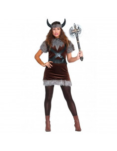 Tradineur - Disfraz de vikinga para adulto, poliéster, incluye cinta con cuernos, vestido y cinturón, atuendo de carnaval, Hallo