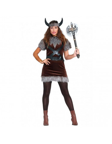 Tradineur - Disfraz de vikinga para adulto, poliéster, incluye cinta con cuernos, vestido y cinturón, atuendo de carnaval, Hallo