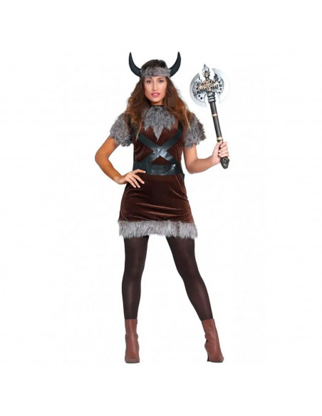 Tradineur - Disfraz de vikinga para adulto, poliéster, incluye cinta con cuernos, vestido y cinturón, atuendo de carnaval, Hallo Tradineur - Disfraz de vikinga para adulto, poliéster, incluye cinta con cuernos, vestido y cinturón, atuendo de carnaval, Hallo